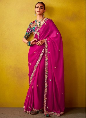 Designer Saree Embroidered Tissue in Magenta and Rani