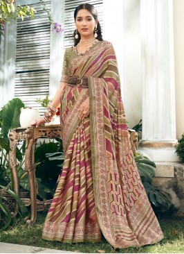 Designer Saree Stripe Print Georgette in Multi Colour