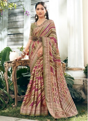 Designer Saree Stripe Print Georgette in Multi Colour