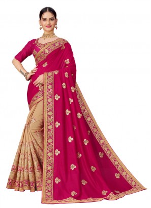 Designer Traditional Saree Embroidered Silk in Hot Pink