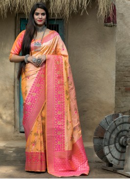 Designer Traditional Saree Weaving Banarasi Silk in Peach and Pink