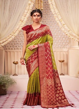 Designer Wedding Wear Raw Silk Saree In Beautiful Green Color