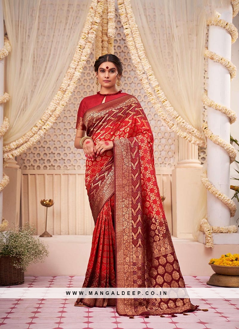 Designer Wedding Wear Raw Silk Saree In Beautiful Red Color