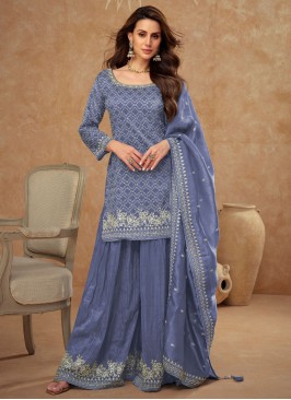 Desirable Blue and Violet Embroidered Trendy Salwar Kameez