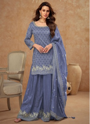 Desirable Blue and Violet Embroidered Trendy Salwar Kameez