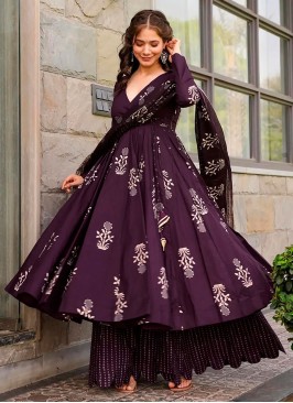 Desirable Digital Print Wine Designer Salwar Kameez 