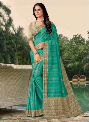 Desirable Katha Blue Tussar Silk Trendy Saree