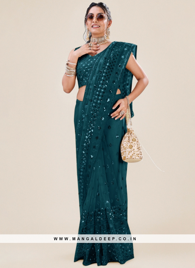 Desirable Teal Machine Embroidery Net Saree