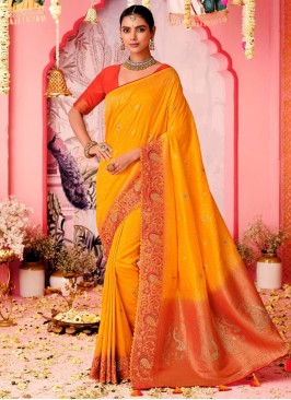 Desirable Yellow Embroidered pure-dola Trendy Saree