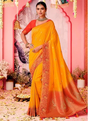 Desirable Yellow Embroidered pure-dola Trendy Saree