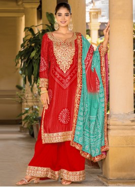 Digital Print Chinon Readymade Salwar Kameez in Red