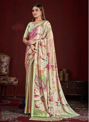 Digital Print Crepe Silk Classic Saree in Multi Colour