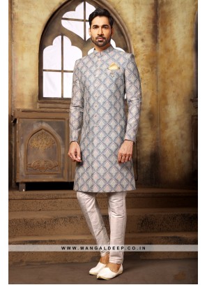 Digital Printed Silk Nawabi Indo Western Sherwani in Blue