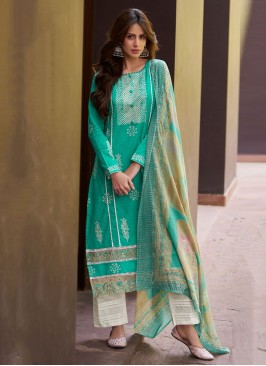 Dilettante Cotton Digital Print Teal Trendy Salwar Kameez