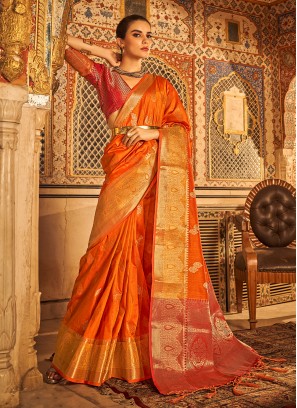 Dilettante Tussar Silk Orange Weaving Contemporary Saree