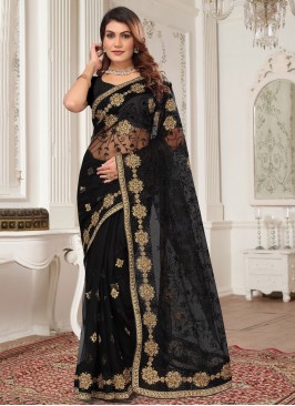 Distinctive Embroidered Net Black Trendy Saree