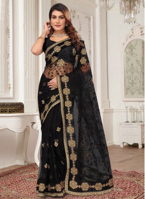 Distinctive Embroidered Net Black Trendy Saree