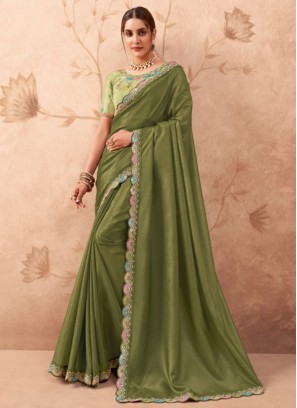 Distinctively Green Embroidered Fancy Fabric Trendy Saree