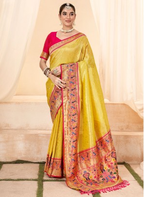 Distinctively Handloom silk Jacquard Work Yellow Trendy Saree