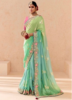 Distinctively Khatli Work Green and Turquoise Traditional Saree