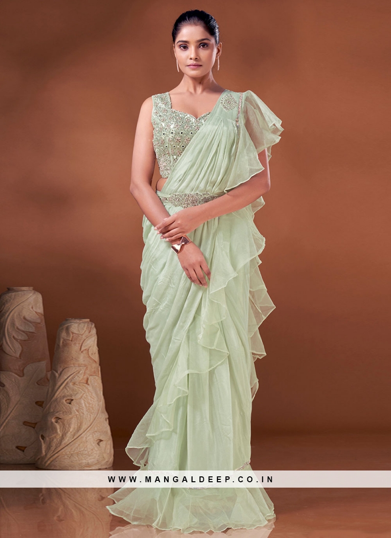 Buy Traditional Wear Bottle Green Embroidery Work Georgette Saree Online  From Surat Wholesale Shop.