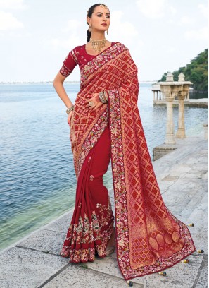 Distinguishable Kanjivaram Silk Print Red Classic Saree