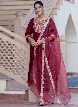 Distinguishable Silk Blend Embroidered Maroon Trendy Salwar Kameez