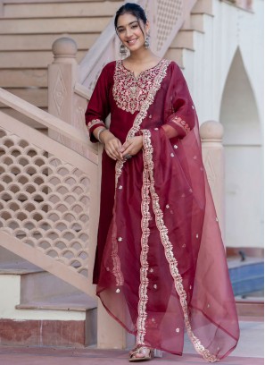 Distinguishable Silk Blend Embroidered Maroon Trendy Salwar Kameez