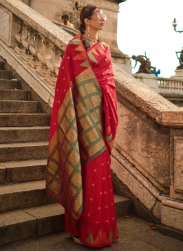 Distinguishable Weaving Khadi Silk Red Designer Saree