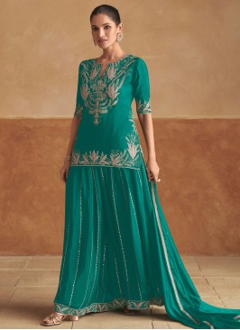 Divine Chinon Rama Embroidered Trendy Palazzo Salwar Kameez