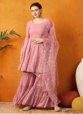 Divine Rose Pink Printed Georgette Trendy Salwar Kameez