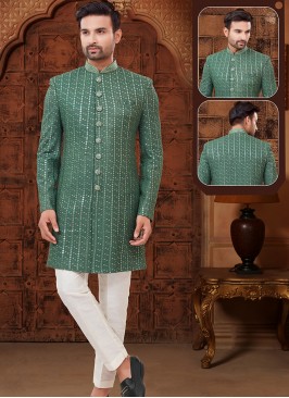 Green and Off White Georgette Indo-Western Ensembl