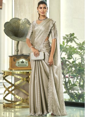 Elegant Cutwork Silver Silk Blend Contemporary Saree