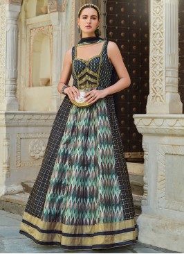 Elegant Foil Print Multi Colour Silk Readymade Gown