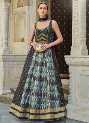 Elegant Foil Print Multi Colour Silk Readymade Gown