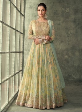 Elite Multi Colour Embroidered Chinon Floor Length Gown