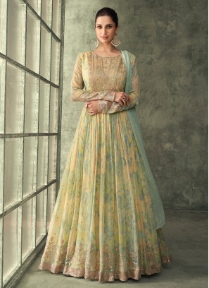 Elite Multi Colour Embroidered Chinon Floor Length Gown