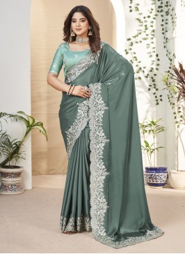 Embroidered Fancy Fabric Contemporary Saree in Green