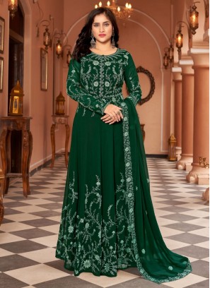 Embroidered Faux Georgette Floor Length Salwar Kameez in Green