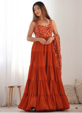 Embroidered Faux Georgette Long Length Layered Salwar Suit in Rust