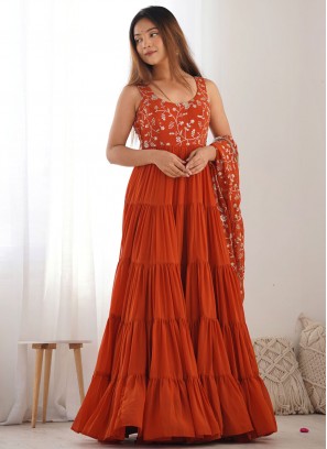 Embroidered Faux Georgette Long Length Layered Salwar Suit in Rust