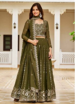 Embroidered Faux Georgette Readymade Lehenga Choli in Green