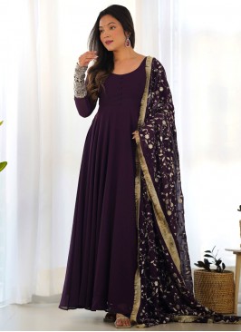 Embroidered Faux Georgette Readymade Salwar Kameez in Purple