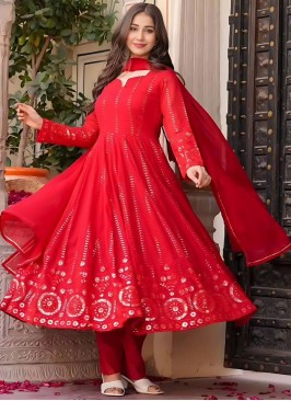 Embroidered Faux Georgette Readymade Salwar Kameez