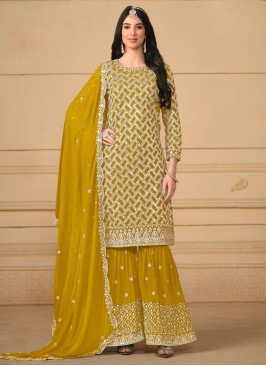 Embroidered Faux Georgette Salwar Suit in Mustard