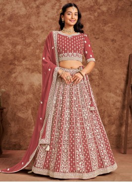 Embroidered Faux Georgette Trendy Lehenga Choli in Crimson