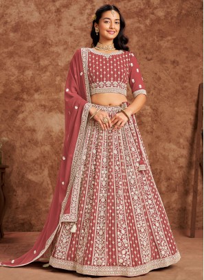 Embroidered Faux Georgette Trendy Lehenga Choli in Crimson