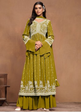 Embroidered Faux Georgette Trendy Salwar Kameez in Green