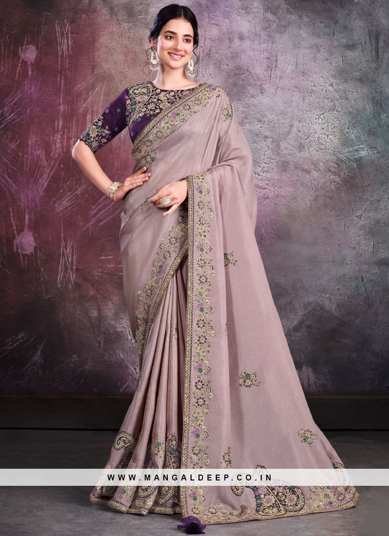 Fabulose Grey Border Work Shimmer Georgette Saree -