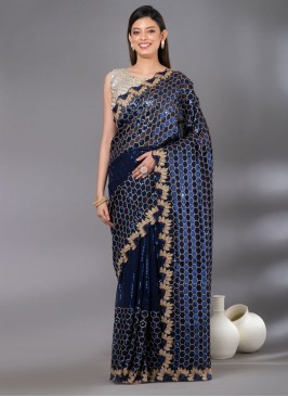Embroidered Georgette Trendy Saree in Navy Blue